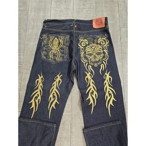 RMC‎ Martin Ksohoh Jeans Mens 38 Blue Lot 1001 Embroidered Spider Flame Tribal